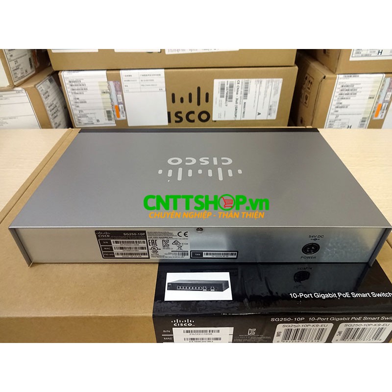 SG250-10P-K9-EU Bộ chia mạng Switch Cisco 8 cổng PoE+ 62W 2 RJ45/SFP 60W PoE Uplink