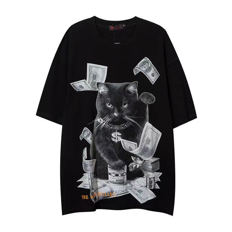 Áo Thun Tay Lỡ Dáng Rộng In Hình Mèo May Mắn Phong Cách Hip Hop Đường Phố Âu Mỹ Cho Cặp Đôi