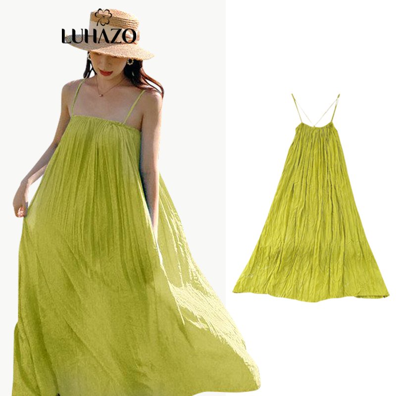 Váy 2 dây đi biển LUHAZO maxi dáng dài hở lưng nữ đẹp xanh dáng dài rộng bigsize  kiểu Hàn Quốc Babydoll 5007 DK1T