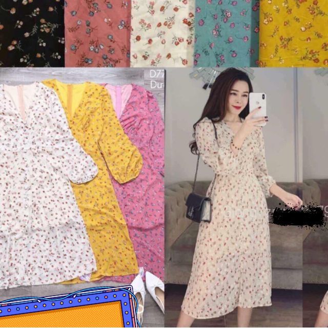 ĐẦM XINH HỌA TIẾT HOA NHÍ TAY BO DÀI PHỐI NÚT BỌC XẺ TÀ
