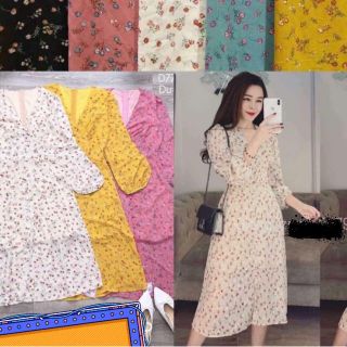 ĐẦM XINH HỌA TIẾT HOA NHÍ TAY BO DÀI PHỐI NÚT BỌC XẺ TÀ