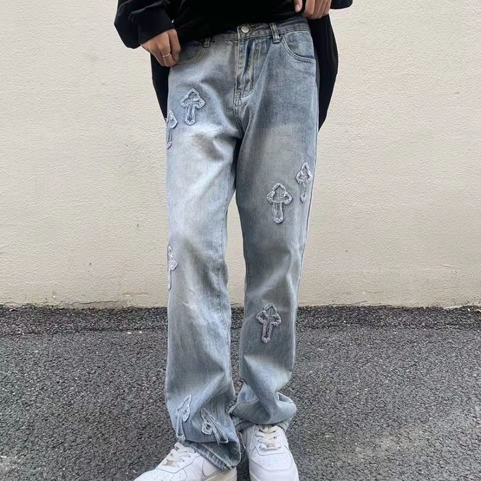 Quần jean lưng cao hoạ tiết chữ thập phong cách Âu Mỹ đường phố 2021