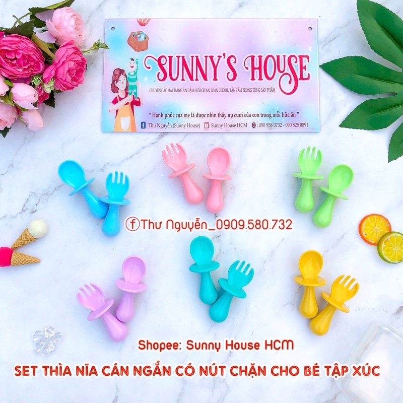 Set Thìa Nĩa Tập Xúc Cán Ngắn Có Nút Chặn An Toàn Cho Bé Kèm Hộp