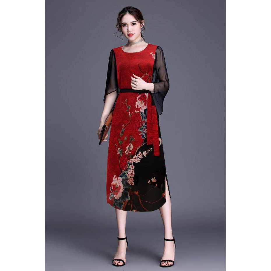 BIGSIZE - ĐẦM SUÔNG TUỔI TRUNG NIÊN NHIỀU SIZE KIỂU ĐẦM SUÔNG TAY CÁNH TIÊN IN HOA MẪU ĐƠN D3285