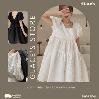 Váy Đầm Babydoll dáng ngắn tay phồng, Đầm xòe cổ vuông thắt nơ hở lưng, vải xốp dày dặn, chuẩn style Hàn Quốc GLACE