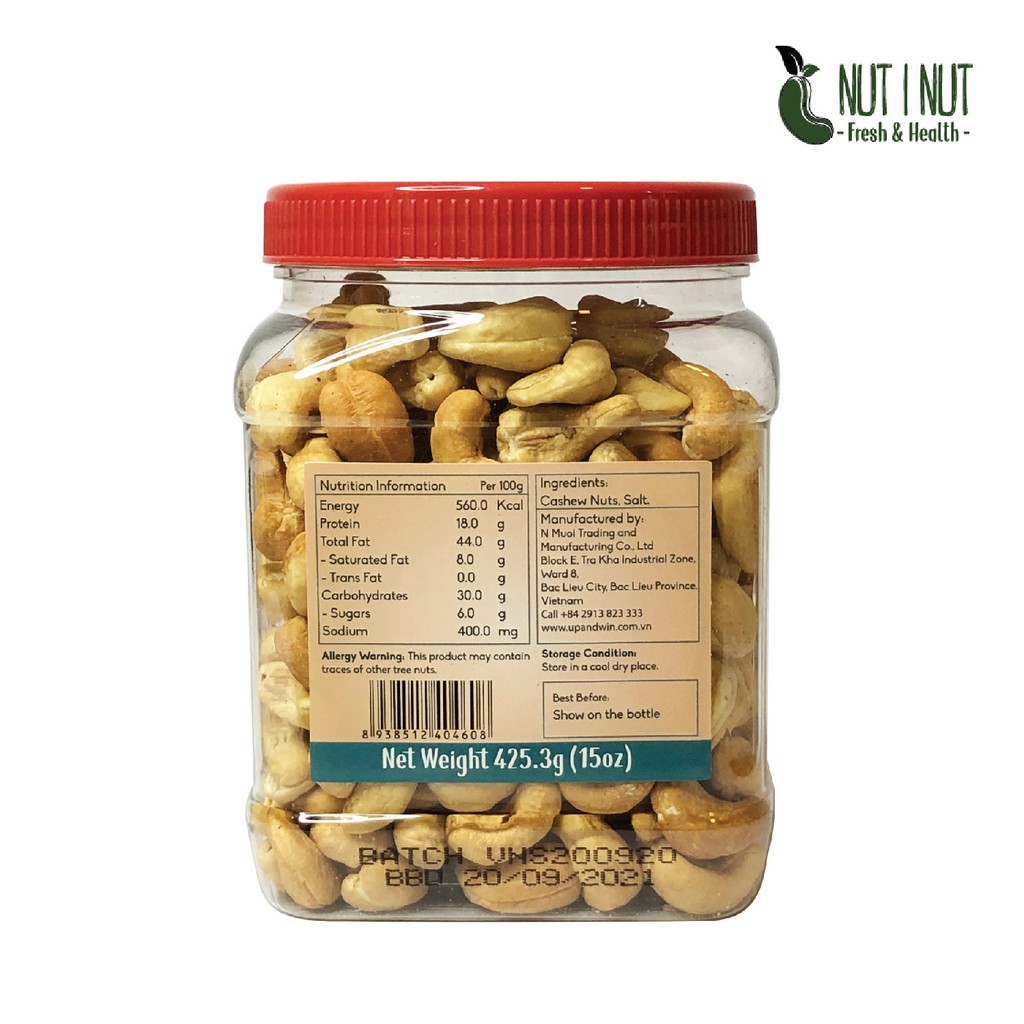 Hạt điều Nut I Nut nguyên hạt sấy muối hũ 425.6 gram - UP &amp; WIN