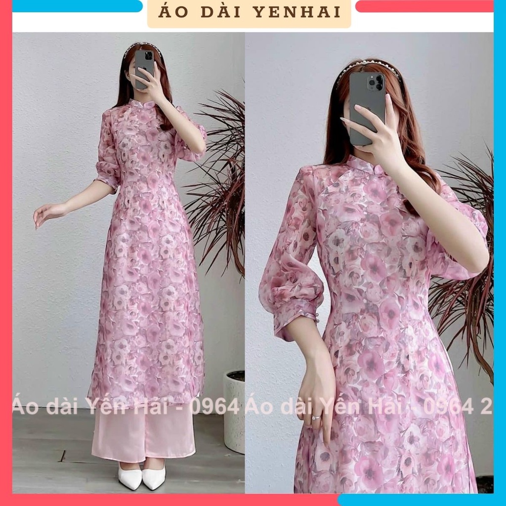 Áo dài cách tân mặc tết 4 tà hoạ tiết hoa nhí hồng chất lụa von đẹp | 4T27