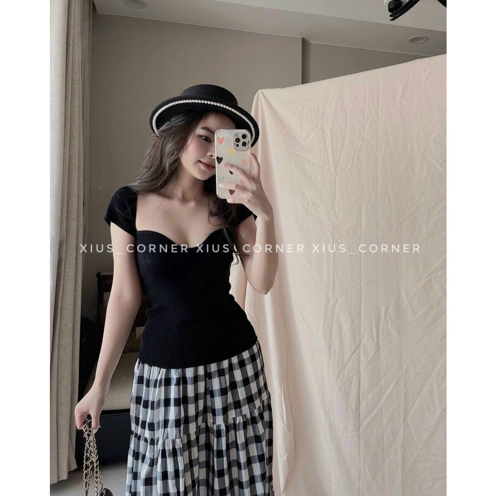 [ảnh thật-sẵn] Áo len cổ vuông cup ngực body