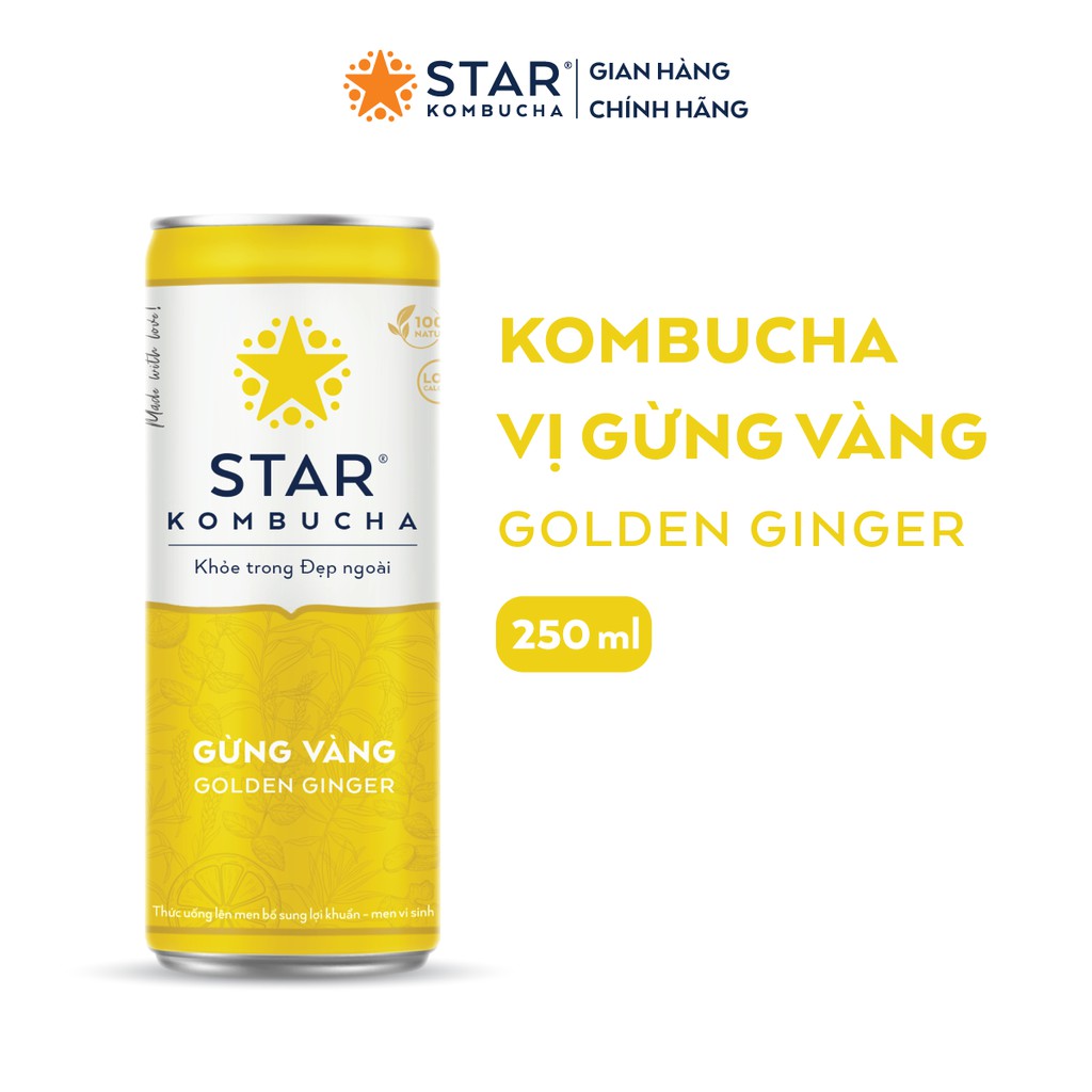 Thùng 12 lon STAR KOMBUCHA Gừng Vàng/ Golden Ginger (250ml/lon) - Trà lên men vi sinh chứa probiotics