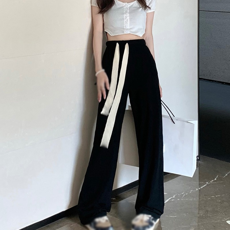 Quần dài lưng cao màu trơn phối dây rút ống rộng thời trang dành cho nữ