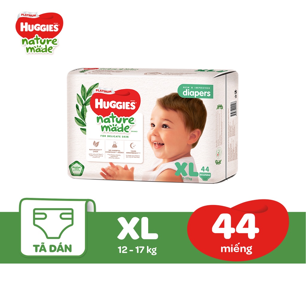 [Hàng chính hãng Công ty] Tã Dán Huggies Platinum Nature Made Size NB60/S82/M64/L54/XL44/XXL36:XL44:L54