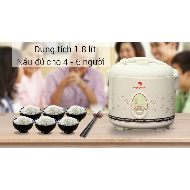 Nồi cơm điện nắp cài Happy cook HC180 1.8 lít màu trắng - Bảo hành Chính hãng