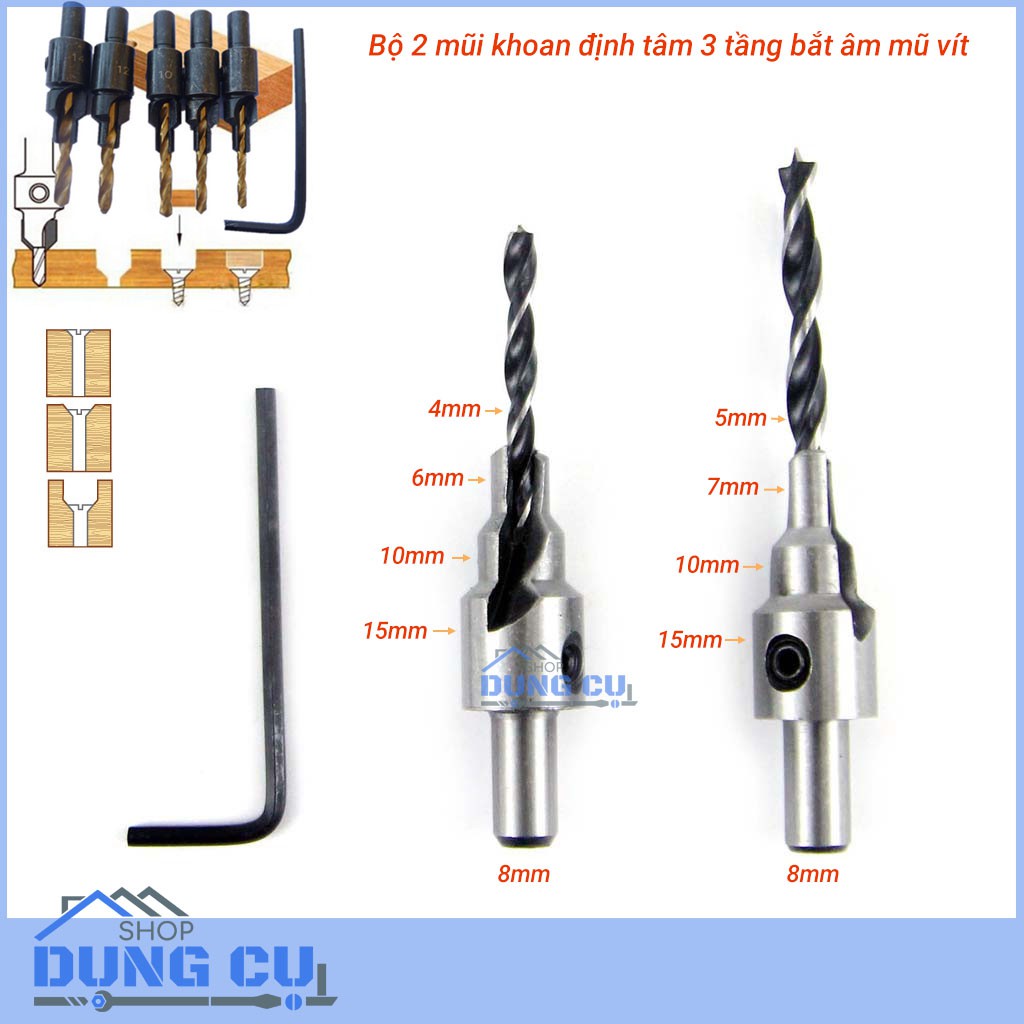 Bộ 2 mũi khoan gỗ định tâm 3 tầng bắt âm mũ vít