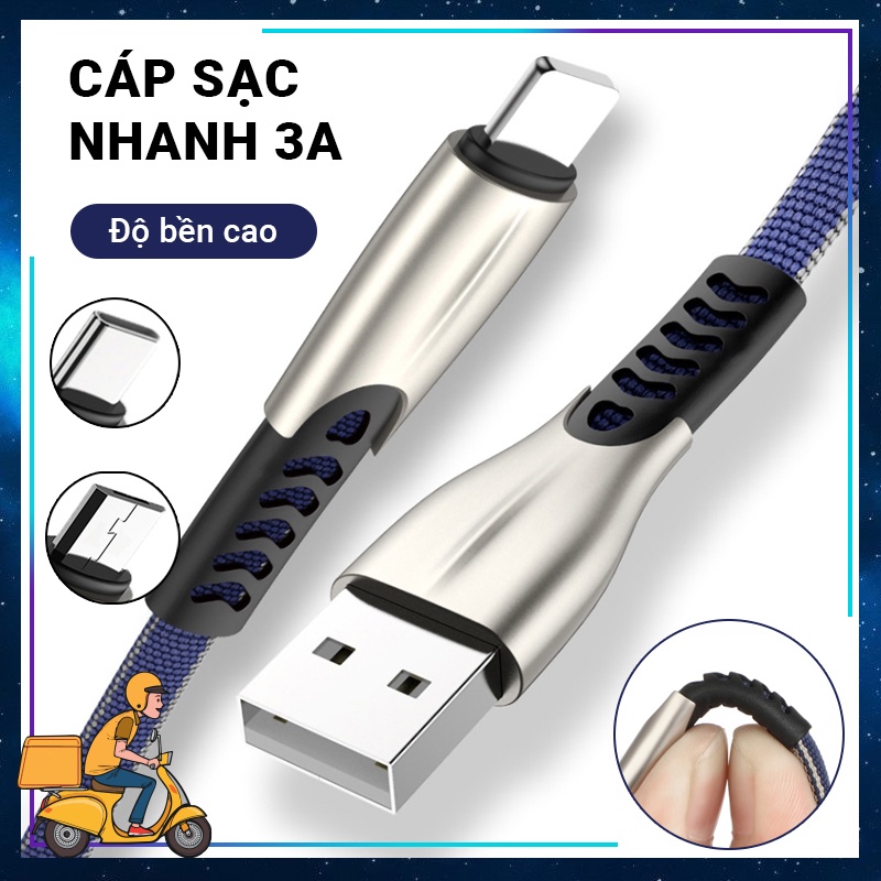 Cáp sạc dây sạc D1 Micro Type-C cao cấp chịu lực cực tốt bền bỉ tốc độ 3A tương thích IOS và Android