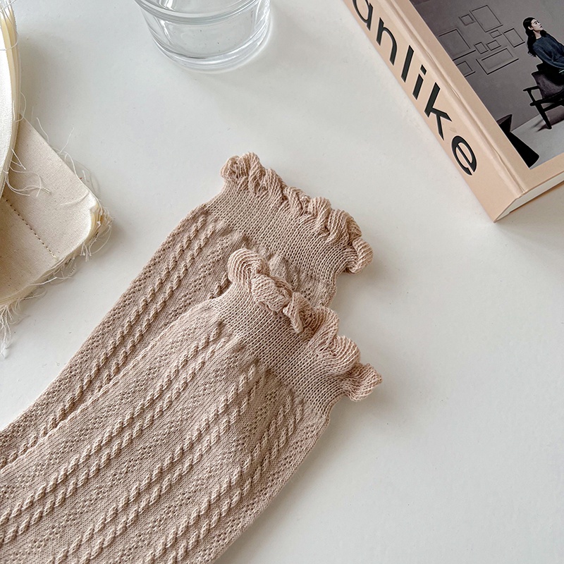 Vớ cổ cao vừa gấu nhún bèo màu trơn cotton lưới thoáng khí phong cách ngọt ngào đáng yêu dành cho nữ