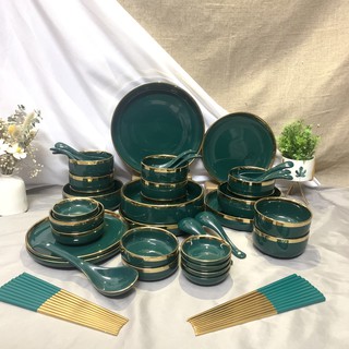 [ẢNH THẬT] Lẻ món bát đĩa xanh cổ vịt viền vàng, bộ đồ bàn ăn: 6.38