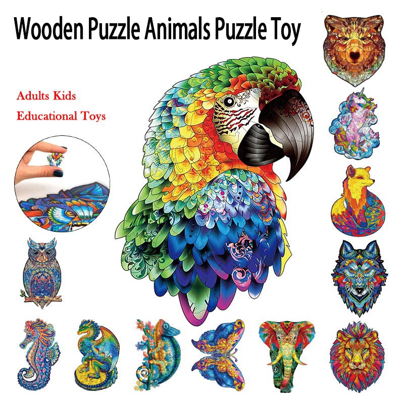 Wooden Puzzle Animals Fox Lion Wolf Puzzle Toy Cartoon Animal Wooden Jigsaw Puzzle For Adults Kids Toys 3D Puzzle