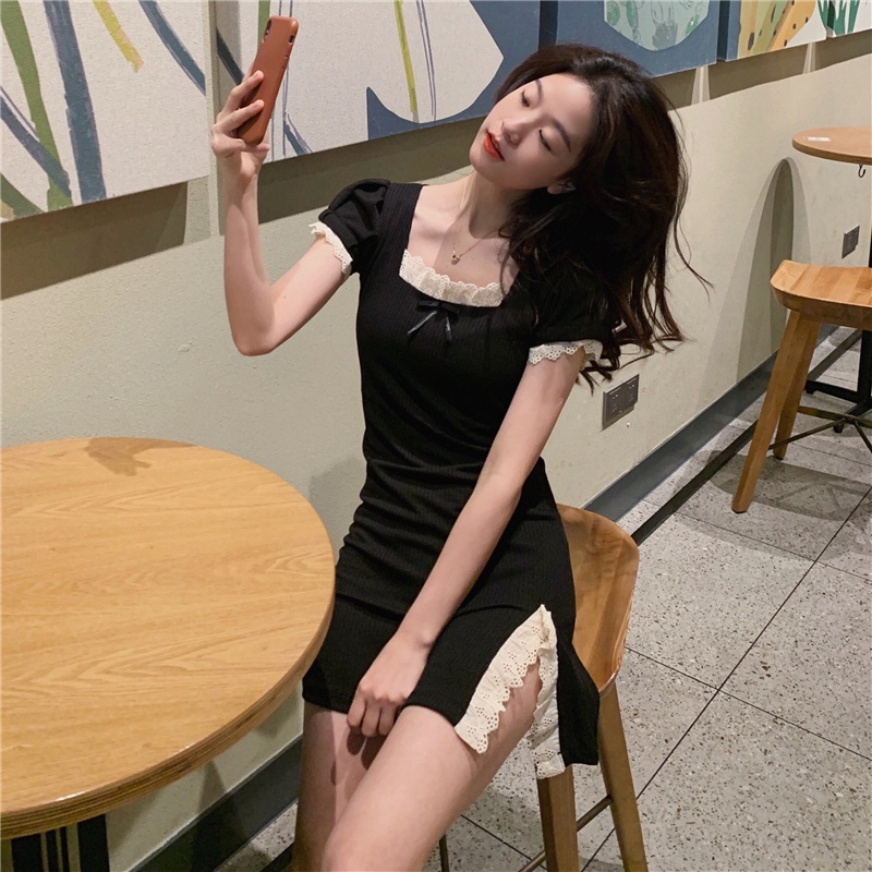 SUXI Đầm cổ vuông phối ren thiết kế xẻ tà phong cách retro pháp thời trang mùa hè cho nữ