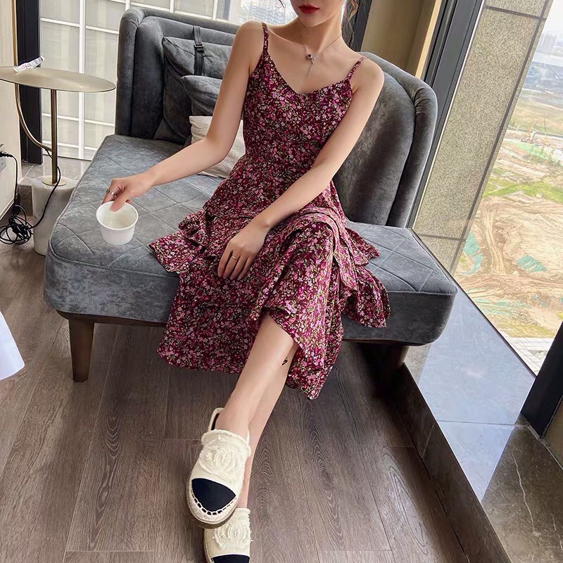 Váy hai dây hoa nhí màu tím retro xòe 4 tầng điệu  đà vintage mùa hè Hàn Quốc thoáng mát