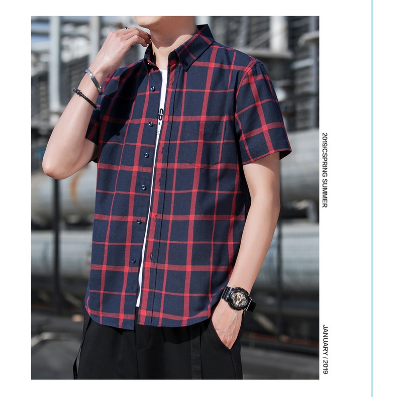 Áo Sơ Mi Tay Ngắn Họa Tiết Sọc Caro Thời Trang Công Sở Cho Nam
