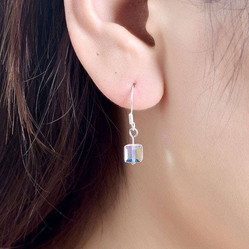 Bông tai bạc nữ đá pha lê lấp lánh 7 sắc cầu vòng DaLiA Jewelry khuyên tai bạc đá hộp chuẩn bạc 925