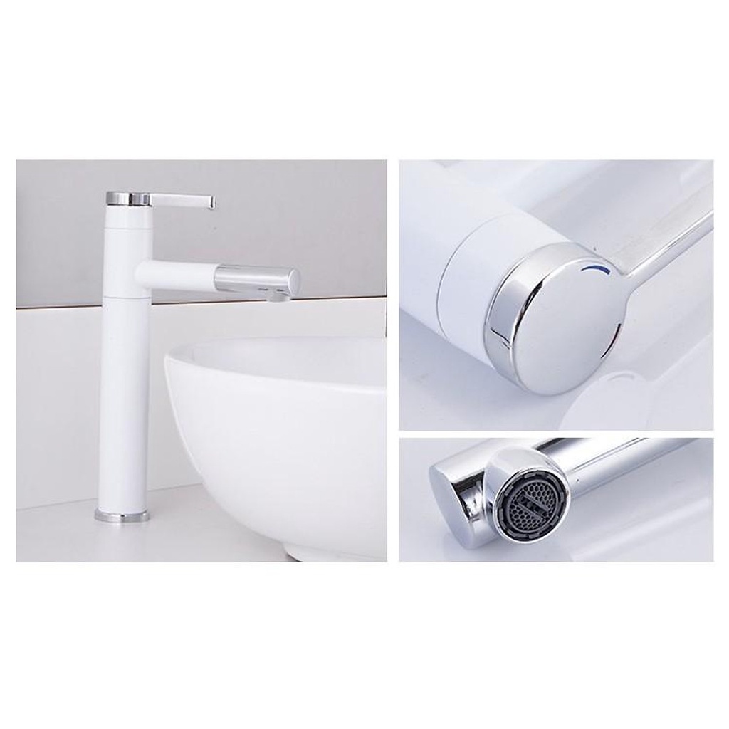 Vòi lavabo nóng lạnh bằng đồng hình trụ tròn 30cm sơn tĩnh điện Trắng bạc cao cấp