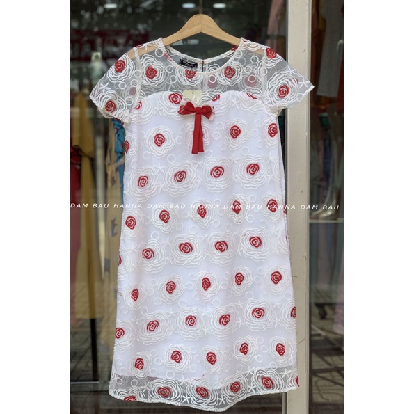 [HANNA] Đầm bầu ren đi tiệc giá rẻ có size 80kg dài qua gối sang lịch sự vải mát 2 lớp có túi bên sườn có dây nơ cột sau