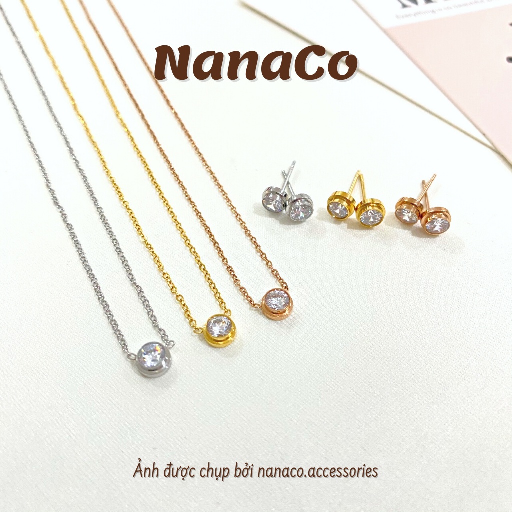 Dây chuyền khuyên tai nữ titan không gỉ đính đá basic, bộ trang sức cao cấp NanaCo