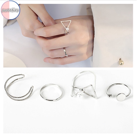 4 Pcs/Set fashion woman simple silver Adjustable open up rings set charm jewelry gift