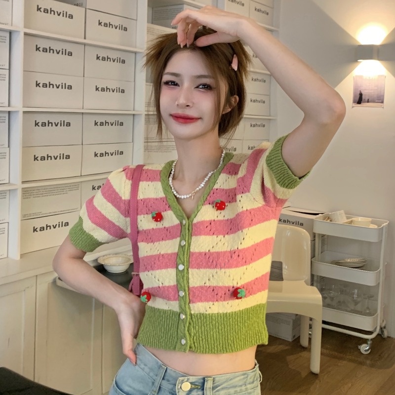 Áo cardigan ZHELIHANGFEI dệt kim tay ngắn kẻ sọc in hình dâu tây dễ thương