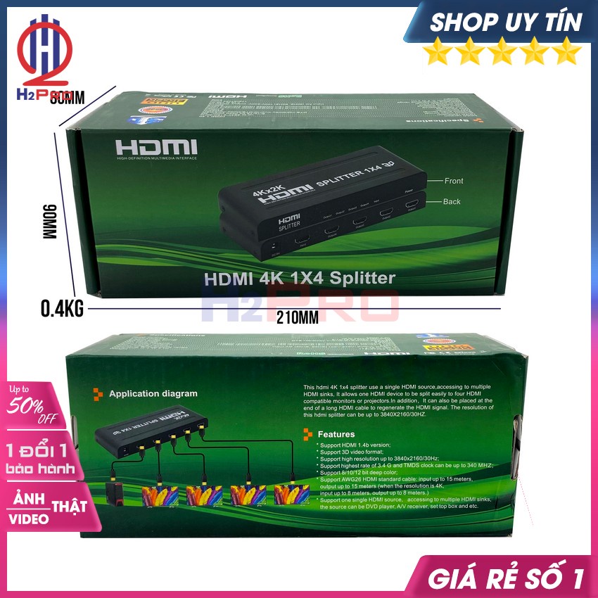 Bộ Chia HDMI Splitter 1 ra 4 H2pro cao cấp chuẩn 4K-3D-chất lượng cao chuẩn đầu vào, hàng hãng (tặng củ sạc 5V-2A 50k)