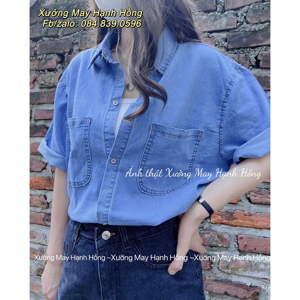 Ảnh thật - Sơ mi DEMIN cộc tay oversize 2 túi, sơ mi bò form rộng nam nữ ulzzang