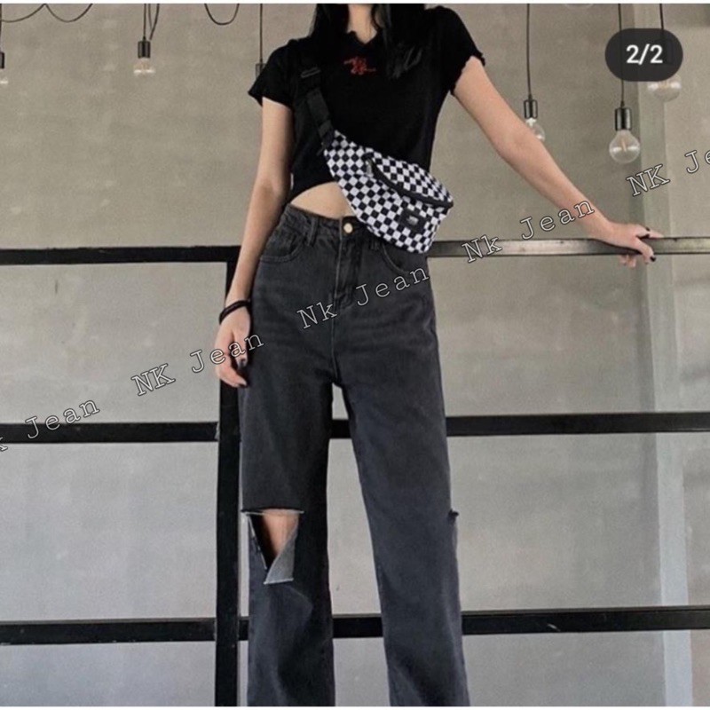 Quần ống xuông lưng cao cotton không giãn hack dáng cá tính đi chơi đi dạo phố đẹp dài 98cm Lumisa