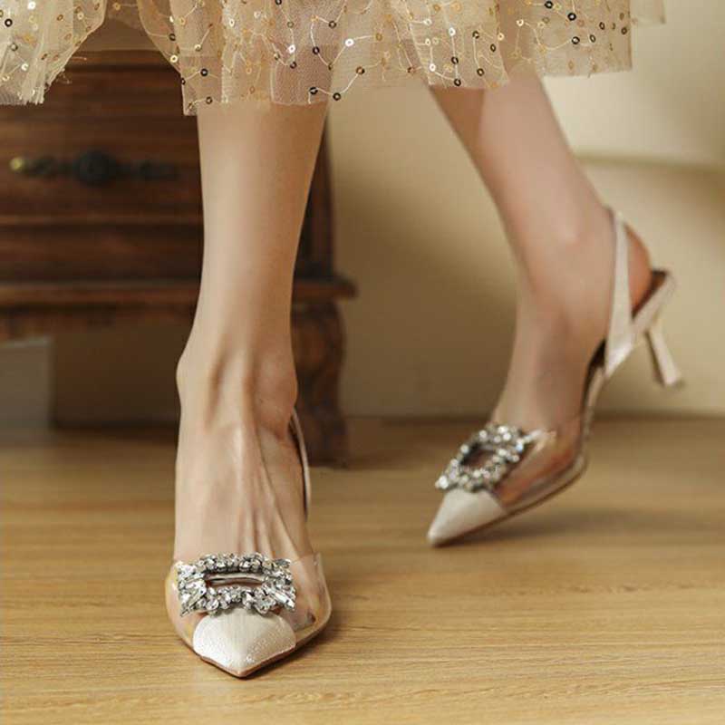 Giày Cao Gót Mũi Nhọn Trong Suốt Phối Khóa Vuông Đính Đá Thời Trang Cho Nữ