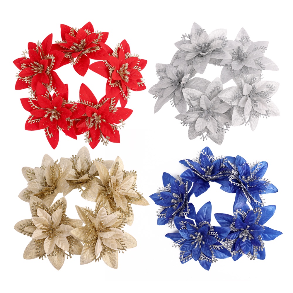Set 5 bông hoa nhựa nhân tạo 13 CM màu vàng/ bạc/ đỏ/xanh dương trang trí giáng sinh