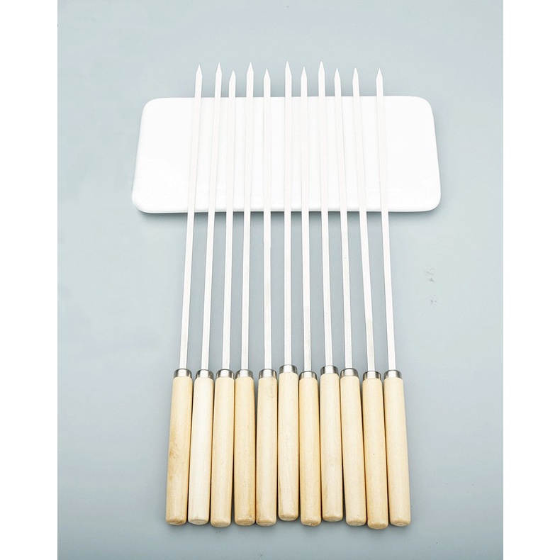 Bộ 10 xiên inox chuôi gỗ kháng khuẩn nướng thịt BBQ an toàn, tiện dụng, chống rỉ sét dày 2.8mm chắc chắn, dày dặn