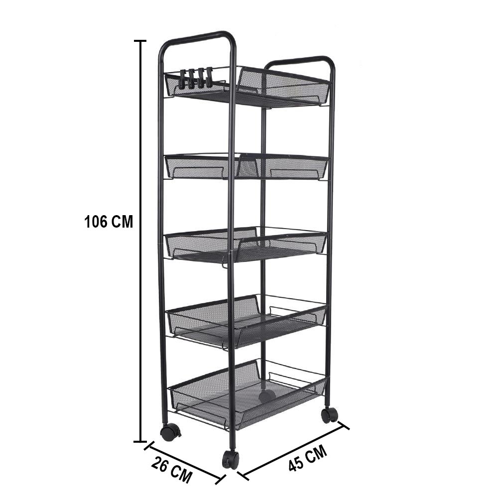 HomeBase STACKO Kệ 5 tầng bằng lưới thép có bánh xe có 4 móc treo IVY W45xH106xD26cm màu đen