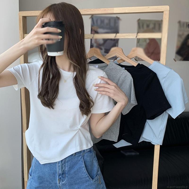Áo thun tay ngắn cổ tròn màu trơn thiết kế lệch tà phong cách trẻ trung cho nữ