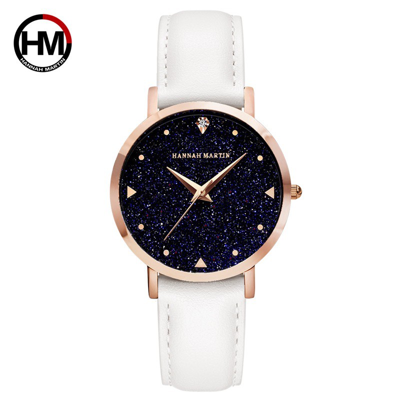 Đồng hồ nữ HANNAH MARTIN dây da mềm,mặt thiết kế galaxy, 2kim siêu mỏng thời trang