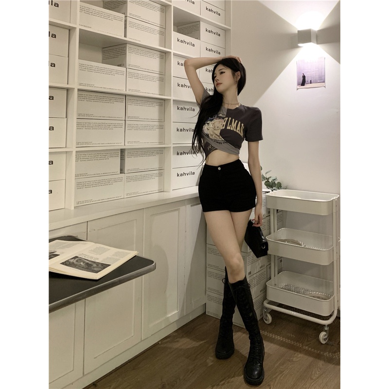 Ngắn Dáng Thiết Tà Quyến Rũ Cho Nữ Phối Màu Tương Phản Phong Áo thun ngắn tay dáng rộng phong cách Hàn Quốc Tay Cổ Tròn