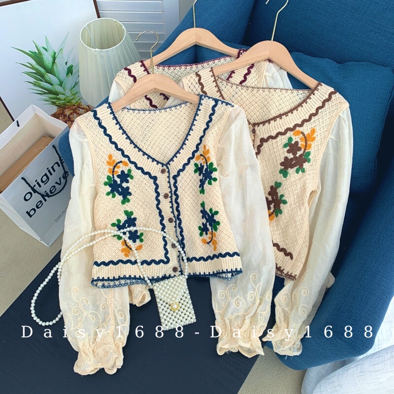 Sẵn- Áo kiểu len móc dài tay thêu hoa dệt kim phong cách Hàn Quốc