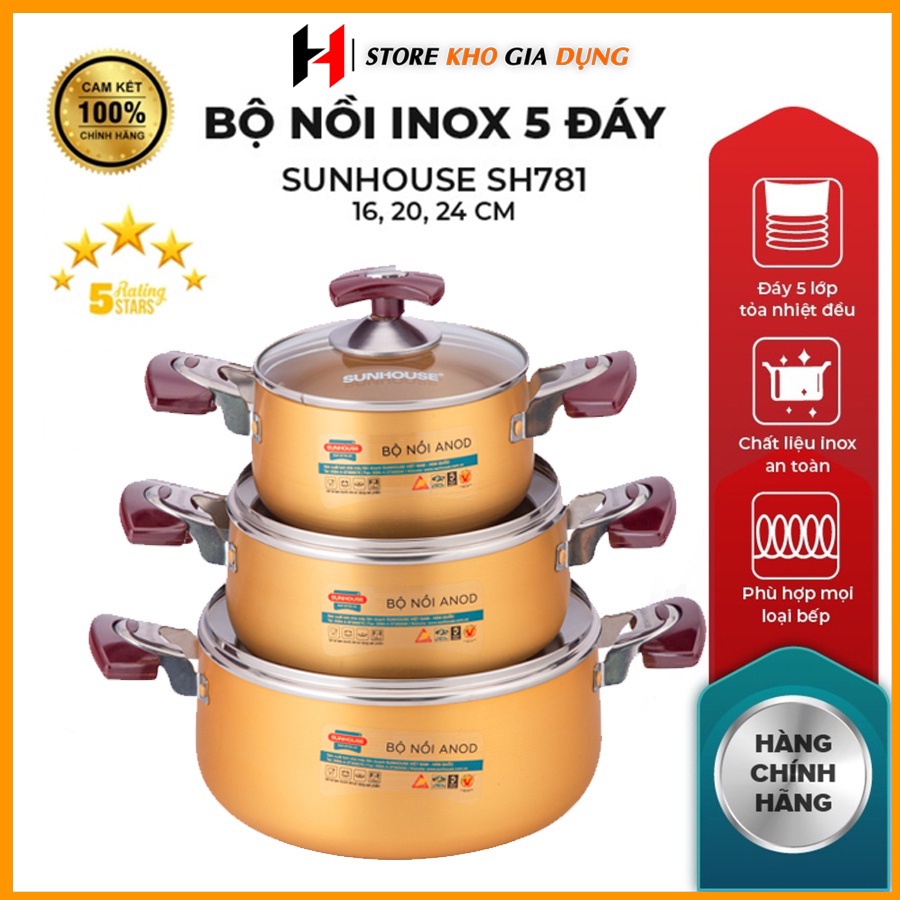 Bộ Nồi Anod Sunhouse SH6634 Chất Liệu Nhôm Dùng Bếp Gas Bếp Hồng Ngoại