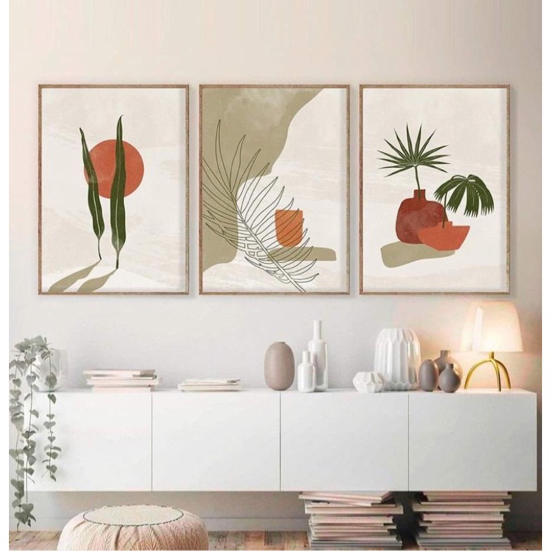 Bộ 03 tranh canvas treo tường decor Scandanivan Bắc Âu gam xanh nâu hiện đại, tranh canvas treo phòng khách, phòng ngủ