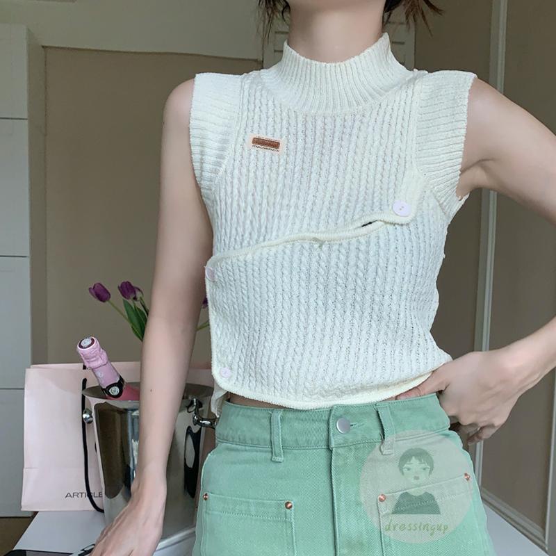 Áo Dệt Kim Sát Nách Màu Trơn Cổ Cao Thời Trang Mùa Hè Cho Nữ