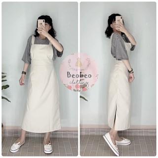 Set yếm kem xẻ tà phối áo thun sọc ulzzang