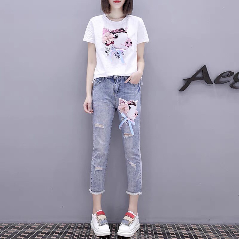 [SET ĐỒ] Set Trang Phục Nữ Áo Phông +Quần Jeans Dài Năng Động