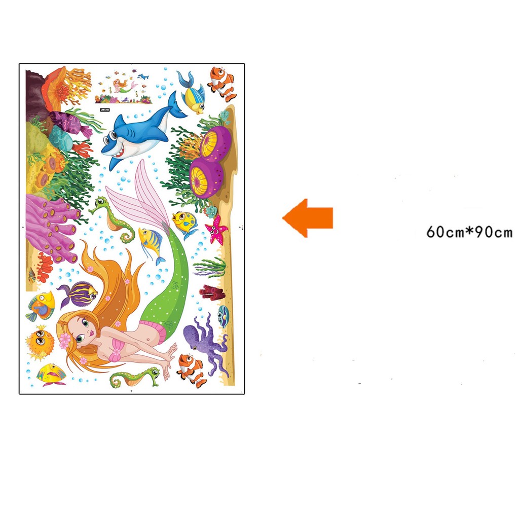 Decal dán tường, hình dán tường trang trí mẫu nàng tiên cá và những sinh vật biển đáng yêu