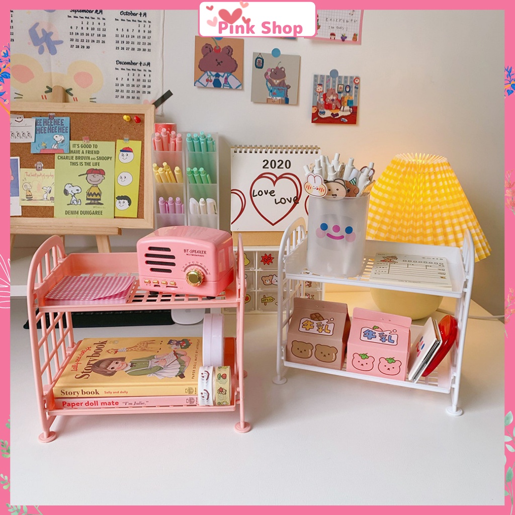 Kệ đựng mỹ phẩm, Đựng đồ PinkShop kệ nhựa để bàn 2 tầng kích thước 21x20cm