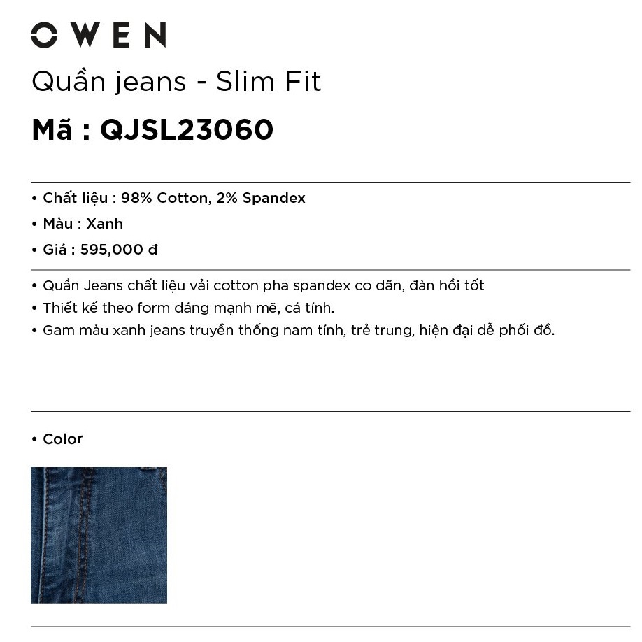 Quần Jean Nam Quần Bò Nam Hàng Hiệu Cao Cấp Owen QJSL23060 Ống Côn Slim Fit Màu Xanh Nhạt Trơn Chất Liệu Cotton | BigBuy360 - bigbuy360.vn
