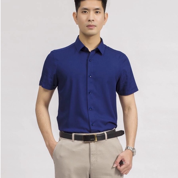 Áo sơ mi công sở nam ngắn tay Aristino màu xanh tím than dáng slim fit suông nhẹ vải sợi tre chính hãng ASS038S9